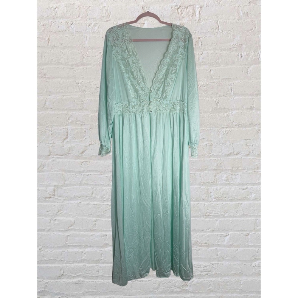 Vtg Shadowline Maxi Robe Size 1X Mint Green Nylon Lace Loungewear Made in USA